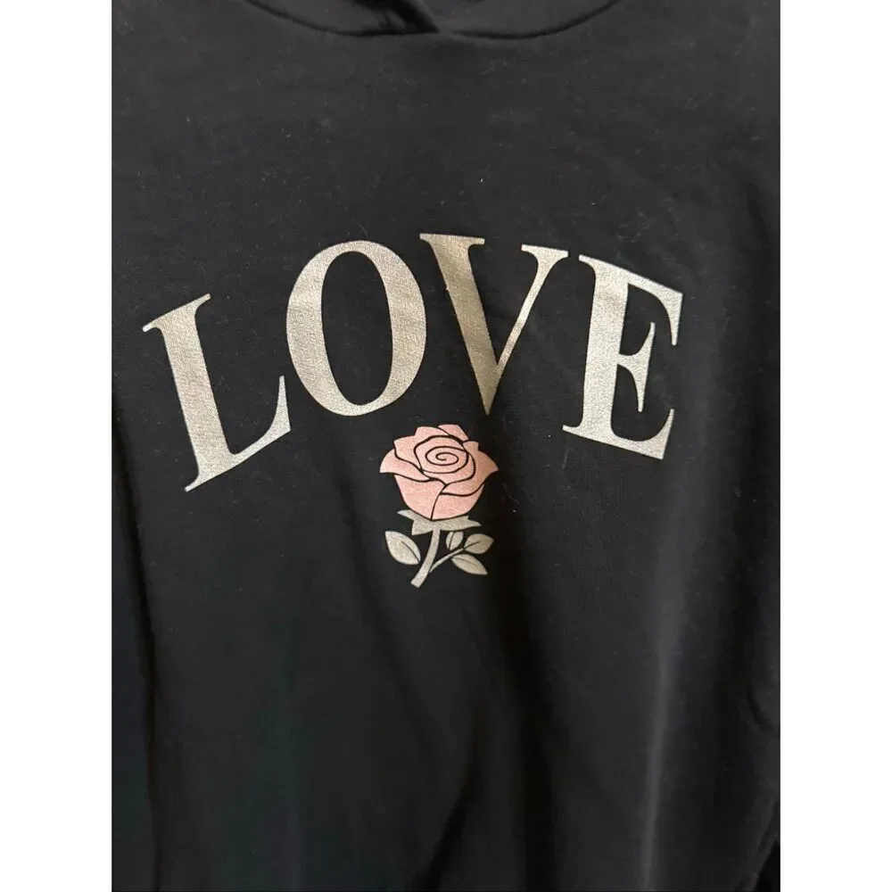 Old Navy Youth Girls Love Rose Graphic Pullover Hoodie Sweatshirt Black XL 14-16